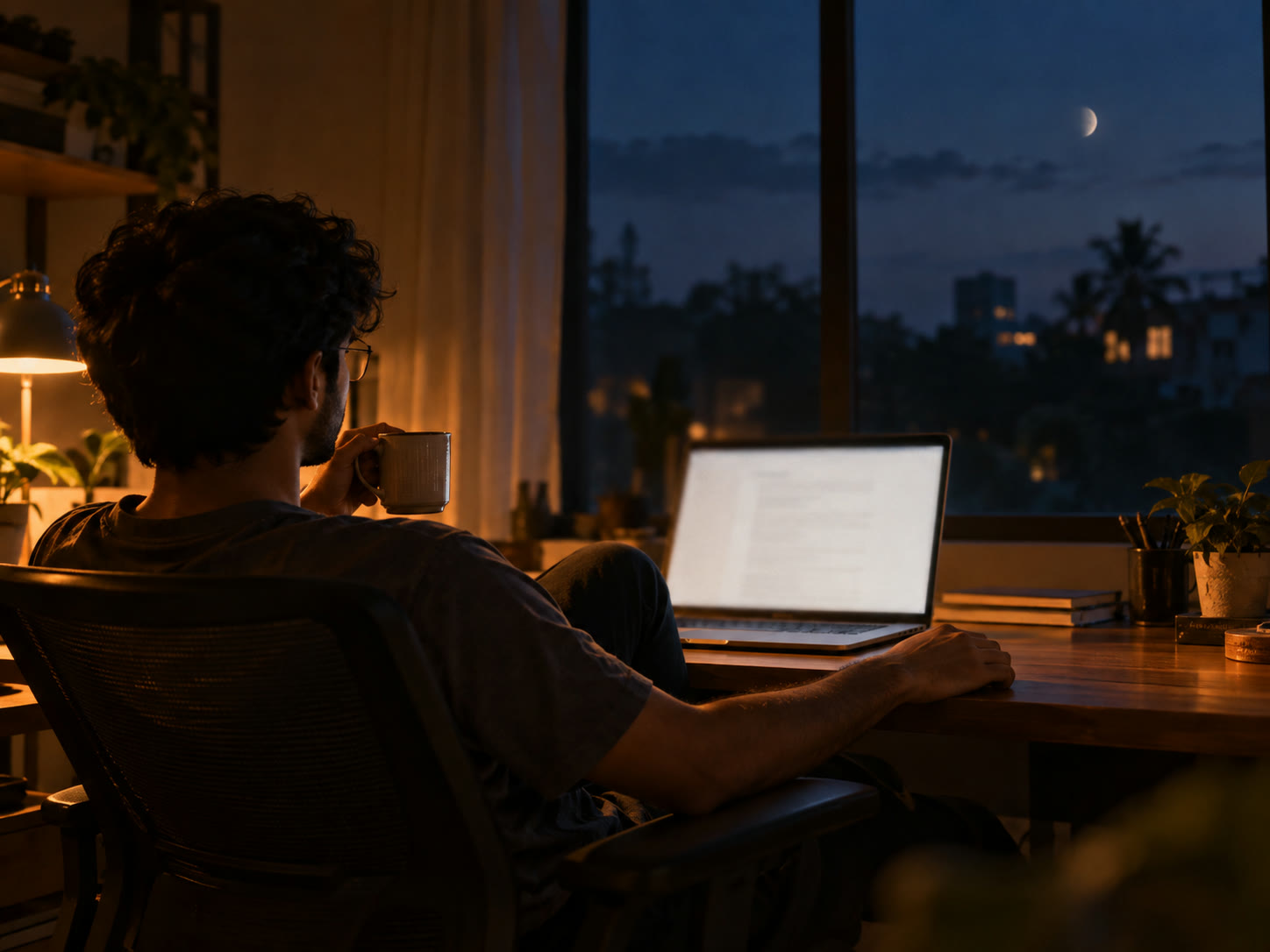 A developer leaning back at a desk by a window at night, mug in hand, one hand resting by the laptop, while a document on the screen is being edited.